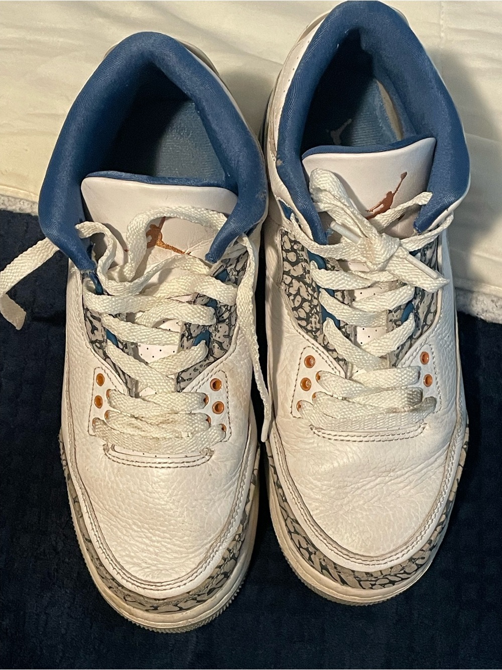 Nike Kids White and Navy Sneakers with Grey Elephant Print and Copper Accents